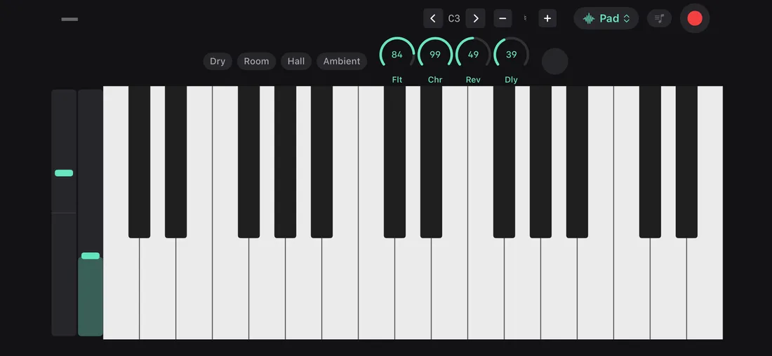 Good Take full keyboard in landscape mode with filter, chorus, reverb, and delay effects