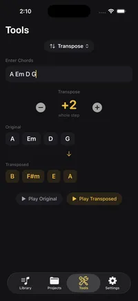 Good Take chord transposer showing original and transposed chord progressions